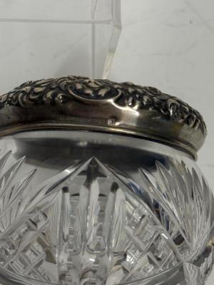 Sale Photo Thumbnail #23: Heavy, solid cut glass crystal  jar with sterling silver lid. Lid has a small dent, not very visible but can be felt, please see pictures.
Marked Sterling 925 Fine.