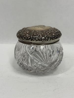 Sale Photo Thumbnail #15: Heavy, solid cut glass crystal  jar with sterling silver lid. Lid has a small dent, not very visible but can be felt, please see pictures.
Marked Sterling 925 Fine.