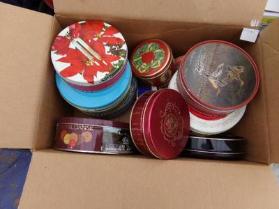 11 assorted tins, various sizes in a box
