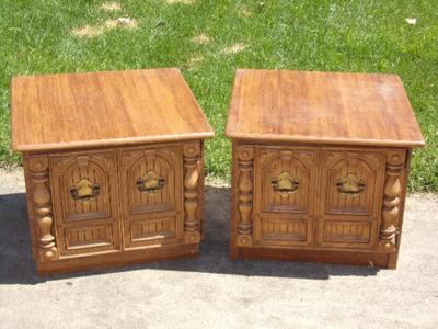 STORAGE! pair of cabinet style end tables w/storage & laminated top