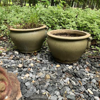 O987 Pair Of Green Handled Glazed Pots