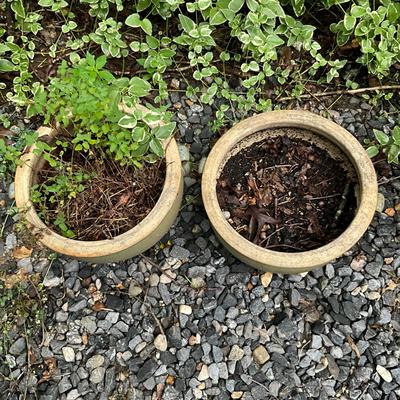 O987 Pair Of Green Handled Glazed Pots