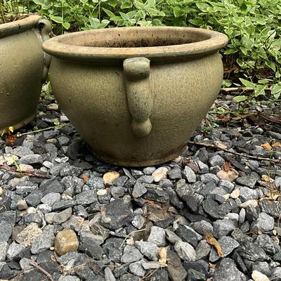 O987 Pair Of Green Handled Glazed Pots