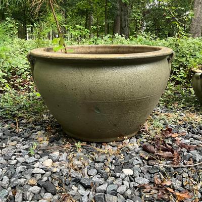O990 Large Green Handled Glazed Terracotta Pot