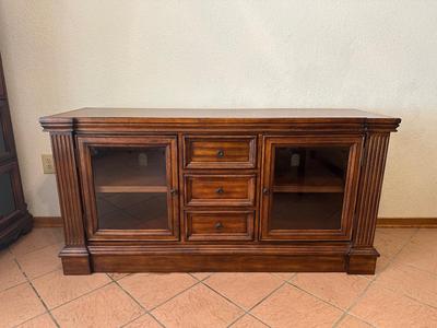 Wooden Media Console / Credenza with Glass Doors and Drawers