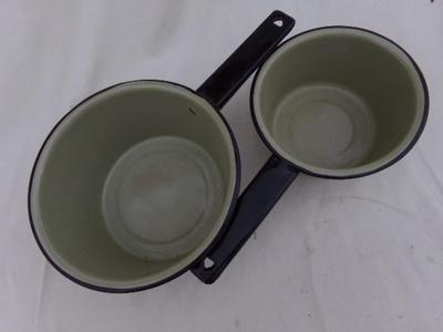 2 VTG classic porcelain on steel cooking pots, for display.