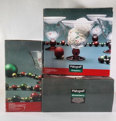 LOT 90G: Three Boxes of Pfaltzgraf Hand Painted Winterberry Glass Dessert Dishes