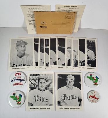 LOT 94D: Vintage Phillies Pins and Black & White Photographs of All-Time Phillies Greats Robin Roberts, Richie Ashburn and More