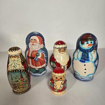 LOT 102G: Christmas Themed Russian Nesting Dolls, Some with Makers Mark and Roly-Poly Musical Santa