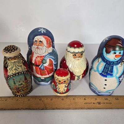 LOT 102G: Christmas Themed Russian Nesting Dolls, Some with Makers Mark and Roly-Poly Musical Santa