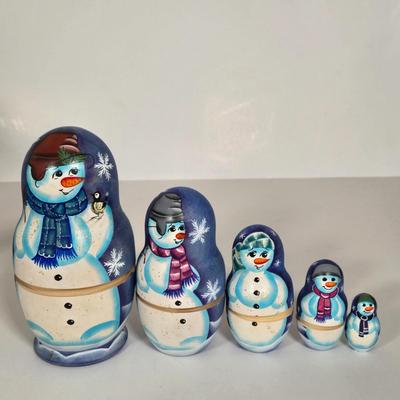 LOT 102G: Christmas Themed Russian Nesting Dolls, Some with Makers Mark and Roly-Poly Musical Santa