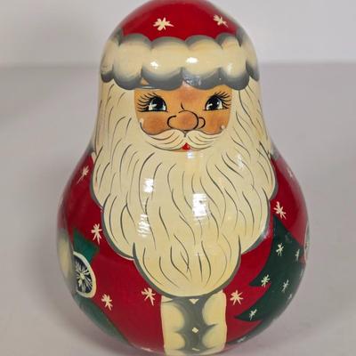 LOT 102G: Christmas Themed Russian Nesting Dolls, Some with Makers Mark and Roly-Poly Musical Santa
