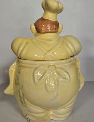 LOT 107G: Red Wing Pottery Chef Pierre Cookie Jar, Jolly Chef Spoon Rest, and Roseville Clematis Vase