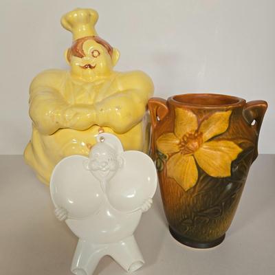 LOT 107G: Red Wing Pottery Chef Pierre Cookie Jar, Jolly Chef Spoon Rest, and Roseville Clematis Vase