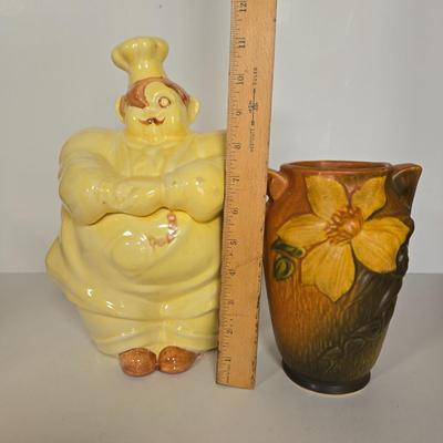 LOT 107G: Red Wing Pottery Chef Pierre Cookie Jar, Jolly Chef Spoon Rest, and Roseville Clematis Vase
