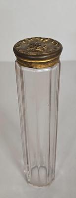 LOT 109G: Vanity Set Including Glass Hair Receiver with Celluloid Lid, Vanity Jar, Art Deco Crystal Swirl Perfume Bottle, Porcelain...