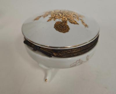 LOT 109G: Vanity Set Including Glass Hair Receiver with Celluloid Lid, Vanity Jar, Art Deco Crystal Swirl Perfume Bottle, Porcelain...