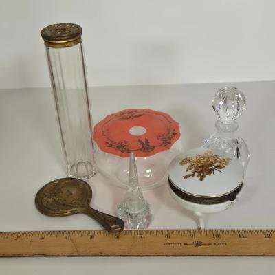 LOT 109G: Vanity Set Including Glass Hair Receiver with Celluloid Lid, Vanity Jar, Art Deco Crystal Swirl Perfume Bottle, Porcelain...