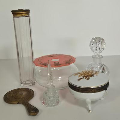 LOT 109G: Vanity Set Including Glass Hair Receiver with Celluloid Lid, Vanity Jar, Art Deco Crystal Swirl Perfume Bottle, Porcelain...