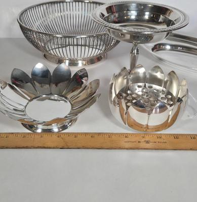 LOT 113: Art Deco Russel Wright Pancake and Corn Table Set, Silver Plate Flower Frog, Pedestal Candy Bowl, and More