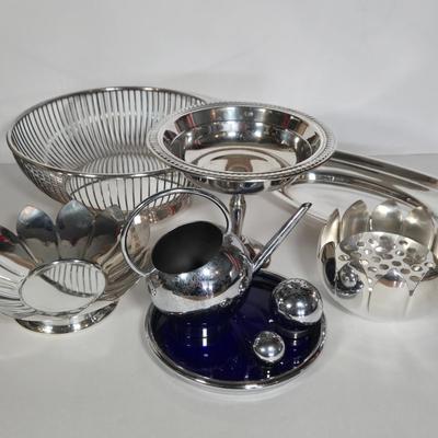 LOT 113: Art Deco Russel Wright Pancake and Corn Table Set, Silver Plate Flower Frog, Pedestal Candy Bowl, and More