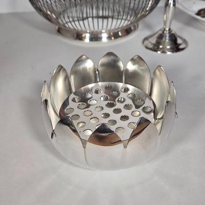 LOT 113: Art Deco Russel Wright Pancake and Corn Table Set, Silver Plate Flower Frog, Pedestal Candy Bowl, and More