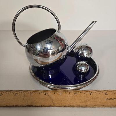 LOT 113: Art Deco Russel Wright Pancake and Corn Table Set, Silver Plate Flower Frog, Pedestal Candy Bowl, and More