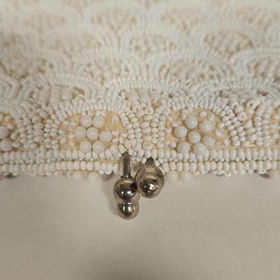 LOT 117G: Vintage Florida Handbags Lucite Purse, Gold-Tone Metal Mesh Purse, and White Beaded Clutch