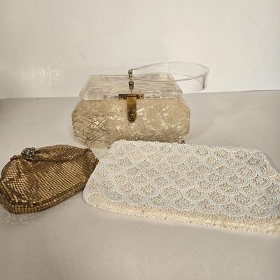 LOT 117G: Vintage Florida Handbags Lucite Purse, Gold-Tone Metal Mesh Purse, and White Beaded Clutch