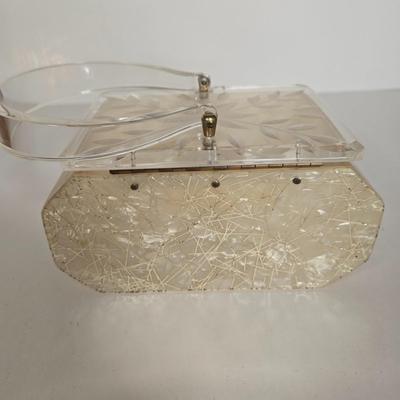 LOT 117G: Vintage Florida Handbags Lucite Purse, Gold-Tone Metal Mesh Purse, and White Beaded Clutch
