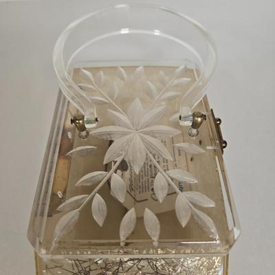 LOT 117G: Vintage Florida Handbags Lucite Purse, Gold-Tone Metal Mesh Purse, and White Beaded Clutch