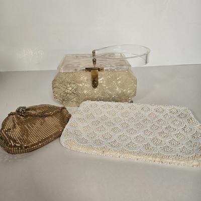 LOT 117G: Vintage Florida Handbags Lucite Purse, Gold-Tone Metal Mesh Purse, and White Beaded Clutch