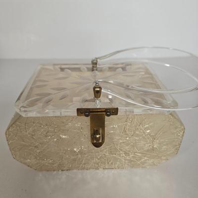 LOT 117G: Vintage Florida Handbags Lucite Purse, Gold-Tone Metal Mesh Purse, and White Beaded Clutch
