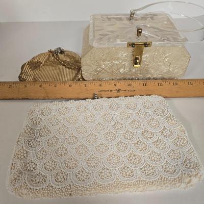 LOT 117G: Vintage Florida Handbags Lucite Purse, Gold-Tone Metal Mesh Purse, and White Beaded Clutch