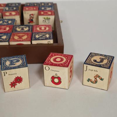 LOT 118G: Hillary Page Toy Clock, Vintage Spill and Spell Game, and Christmas Themed Block Set
