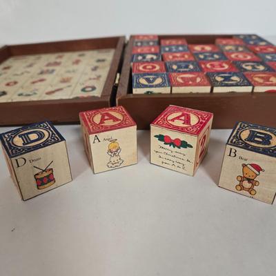 LOT 118G: Hillary Page Toy Clock, Vintage Spill and Spell Game, and Christmas Themed Block Set