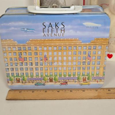 LOT 119G:NIB Seymour Mann Doll, Gund Valentines Bear, and Saks Fifth Avenue Lunch Box
