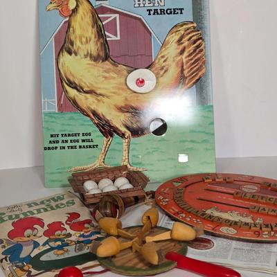 LOT 120G: Vintage Richmond Letters and Numbers Spelling Board, Dell Comic Book, Mother Hen Target Game, and More
