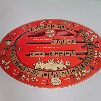 LOT 120G: Vintage Richmond Letters and Numbers Spelling Board, Dell Comic Book, Mother Hen Target Game, and More