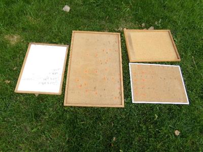 Lot of 4 items, 3 bulletin boards & 1 white board, assorted sizes.