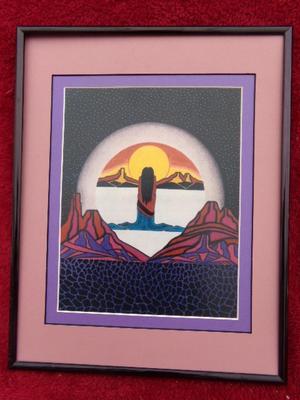 Southwestern art. Framed w/matt & glass. About 17"x14" w/frame.
