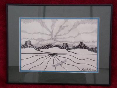 Southwestern art. Framed w/matt & glass. About 13"x17" w/frame.