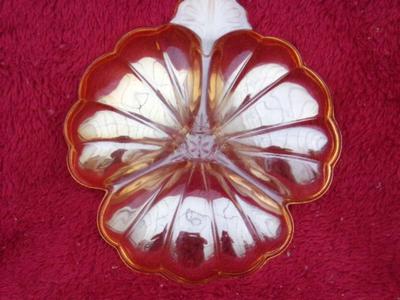 VTG Jeannette Glass marigold Doric iridescent clover leaf candy dish