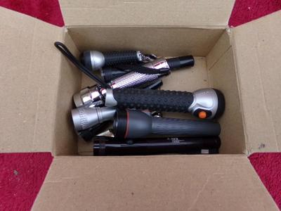 Group of 10 little flashlights in a box. All appear to use “AA” or “AAA”