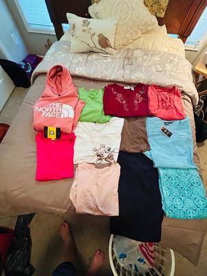 NORTH FACE HOODED SWEATSHIRT ALONG WITH NEW AND LIGHTLY WORN WOMENS CLOTHING