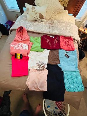 NORTH FACE HOODED SWEATSHIRT ALONG WITH NEW AND LIGHTLY WORN WOMENS CLOTHING