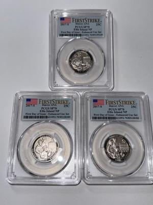 (3) PCGS CERTIFIED 2017-S SP70 ELLIS ISLAND Enhanced Uncirculated Quarter (Special Strike) as Pictured.