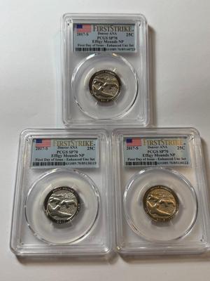 (3) PCGS CERTIFIED 2017-S SP70 EFFIGY MOUNDS NP Enhanced Uncirculated Quarter (Special Strike) as Pictured.