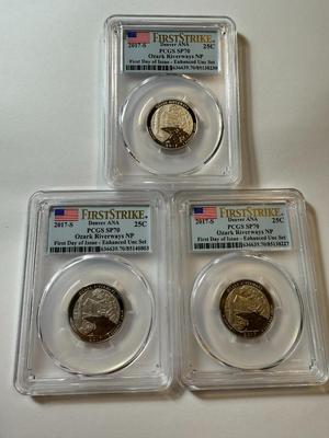 (3) PCGS CERTIFIED 2017-S SP70 OZARK RIVERWAYS Enhanced Uncirculated Quarter (Special Strike) as Pictured.
