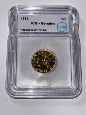 ICG Certified 1883 Liberty V "Racketeer" Nickel Type 1 No Cents Genuine Gold Plated as Pictured.